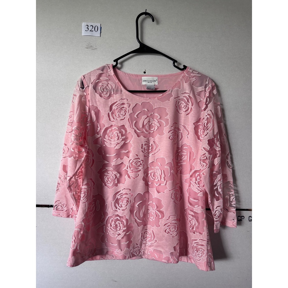 Rebecca Malone Petite Pink Burnout Floral Rose Top 3/4 Sleeve Size PL